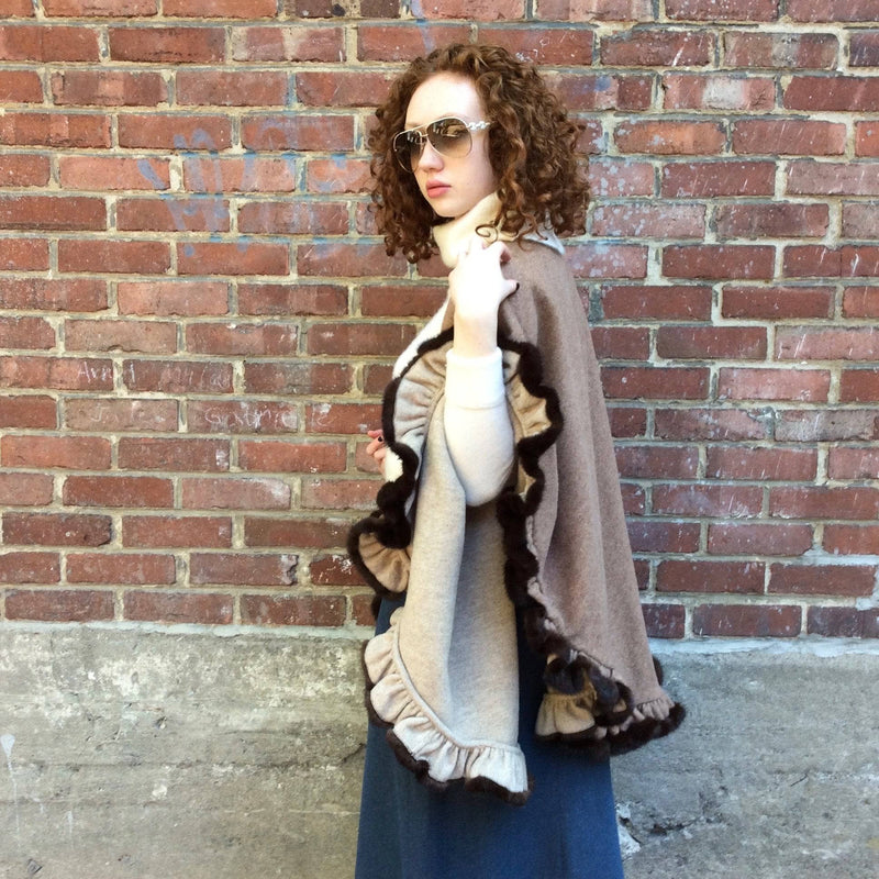 Side View of Reversible Double Knit Wool Shawl With Flounce Hem and Mink Fur Trim, sold by bohemevintage.com Montréal