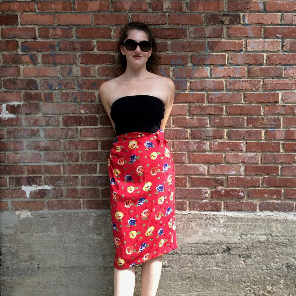 1980s UNGARO Red Silk Midi Skirt Small Medium Boh me Vintage