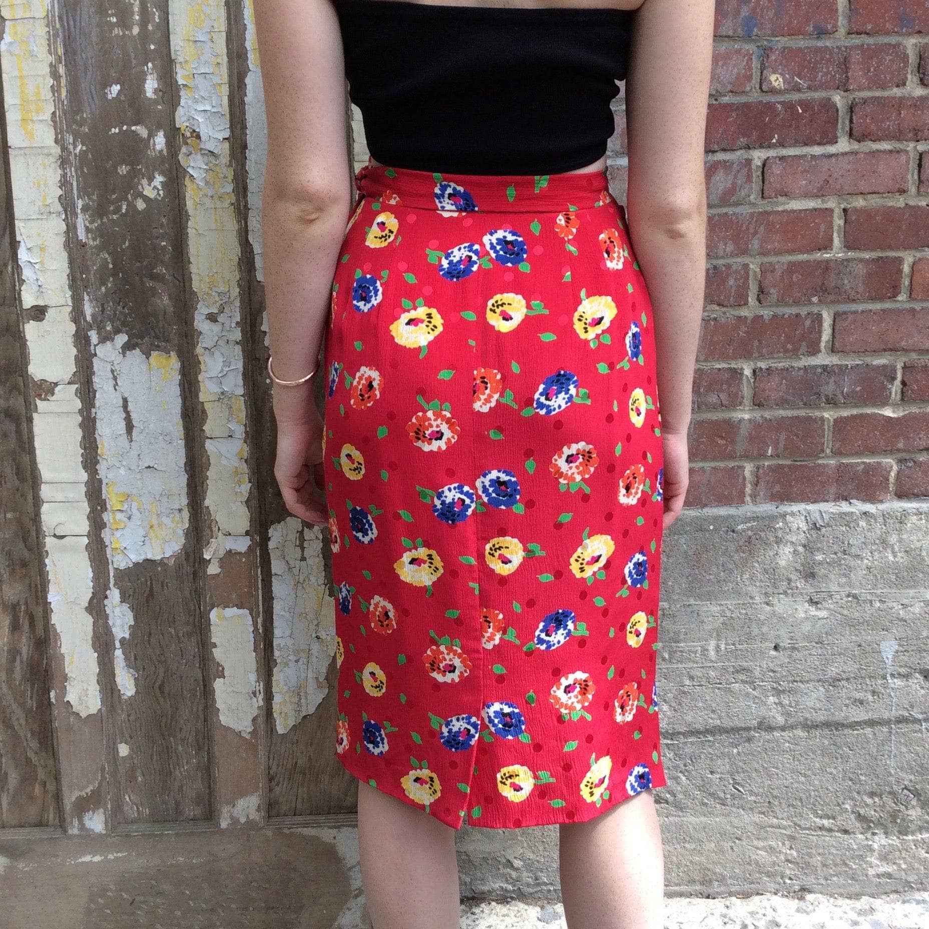 Bohème Vintage Women’s Designer Bottom UNGARO 1980s Red Silk Midi Skirt M