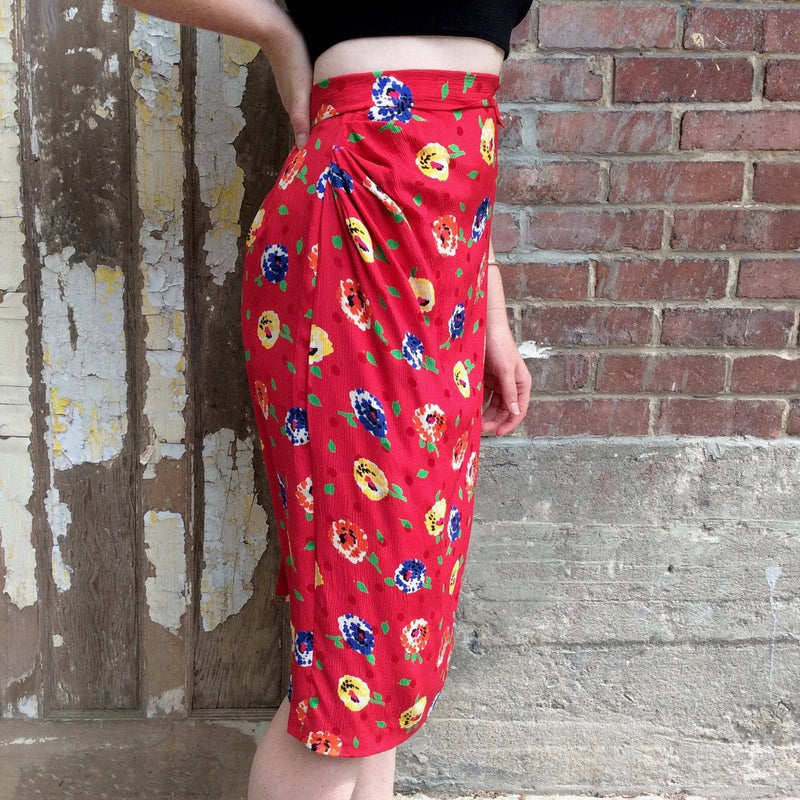 Bohème Vintage Women’s Designer Bottom UNGARO 1980s Red Silk Midi Skirt M
