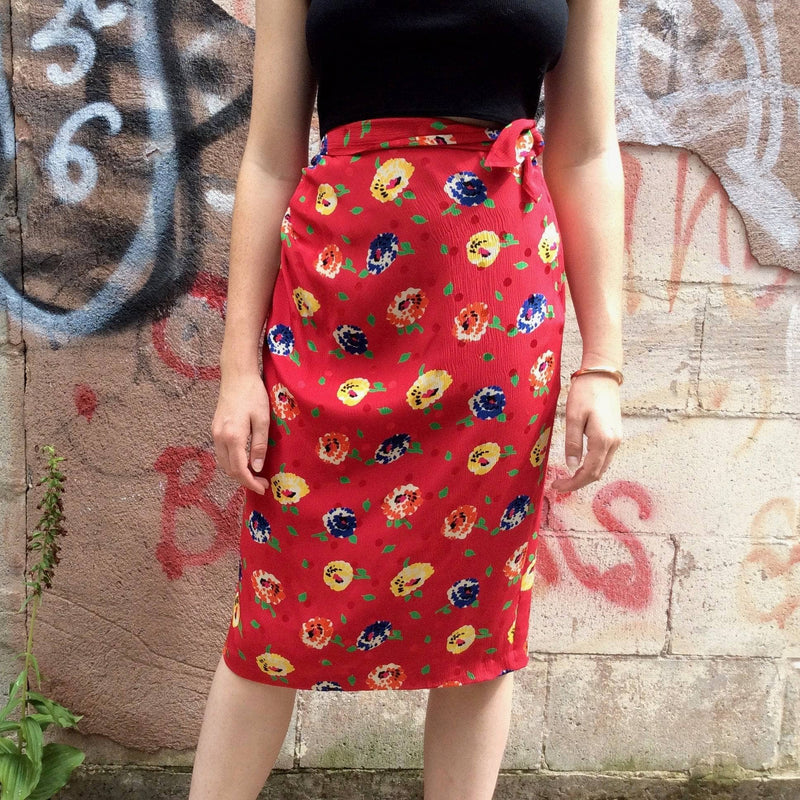 Bohème Vintage Women’s Designer Bottom UNGARO 1980s Red Silk Midi Skirt M