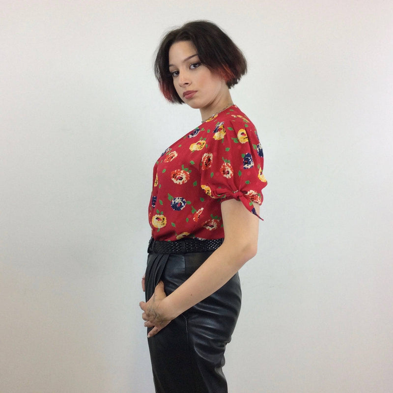Bohème Vintage Women's Designer Tops UNGARO 1980s Short Sleeve Red Silk Blouse M