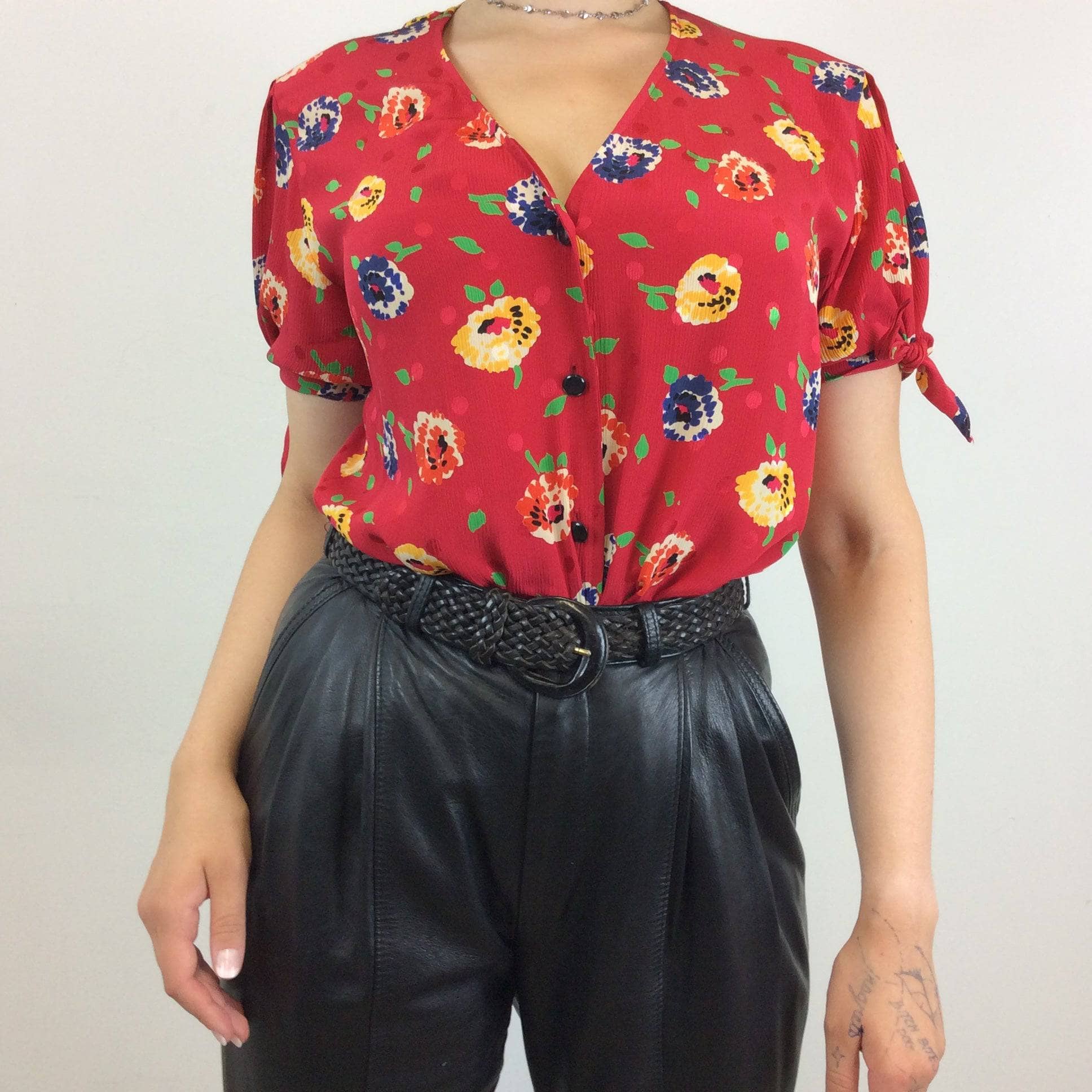 Bohème Vintage Women's Designer Tops UNGARO 1980s Short Sleeve Red Silk Blouse M