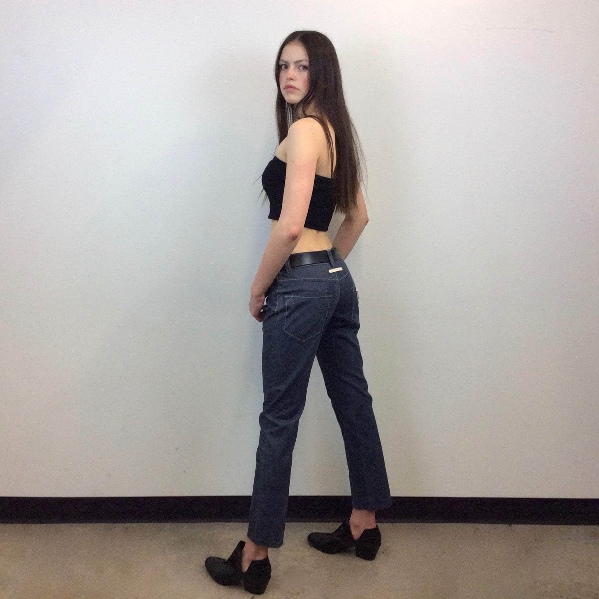 Back view of Jean Paul Gaultier Cigarette style Low Rise Jeans sold by bohemevintage