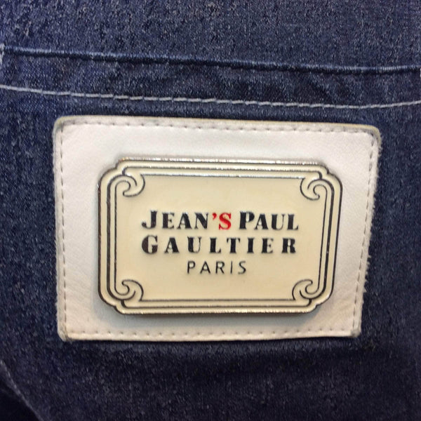 Jean's Paul Gaultier Metal label on back pocket on Jean Paul Gaultier Cigarette style Low Rise Jeans sold by bohemevintage