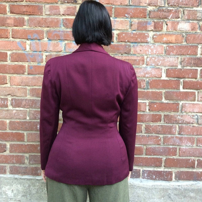 Back view 1940s Fitted Eggplant Colour Wool Blazer size M sold by bohemevintage.com