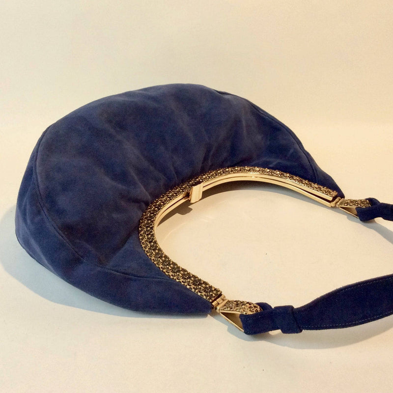 1950s Blue Suede Crescent Handbag with Detailed Gold Frame Koret Acc. Sold at bohemevintage.com Montréal