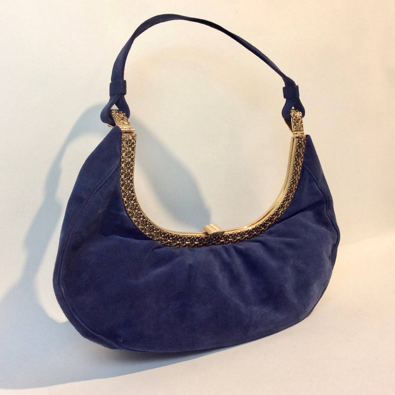 1950s Blue Suede Crescent Handbag with Detailed Gold Frame Sold by bohemevintage.com Montréal