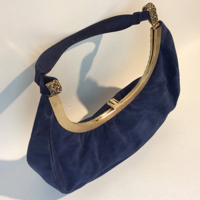 1950’s Blue Suede Crescent Handbag with Detailed Gold Frame Sold by bohemevintage.com Montréal