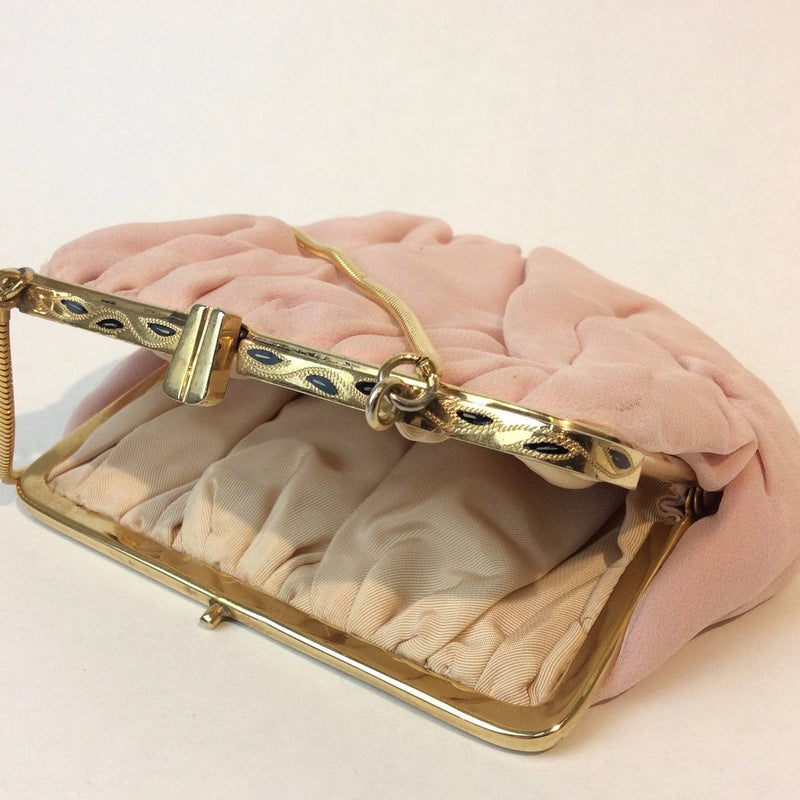 Open View 1950s Light Pink Silk Crepe Evening Bag. Sold at bohemevintage.com Montreal