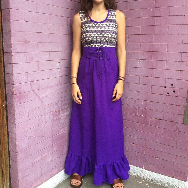 1970s Sleeveless Purple Maxi Dress with Crocheted Top Size Small, sold by bohemevintage.com Montréal
