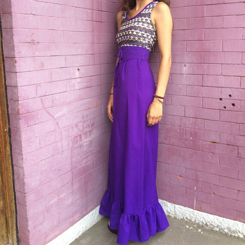 Side view of 1970s Sleeveless Purple Maxi Dress with Crocheted Top Size Small, sold by bohemevintage.com Montréal