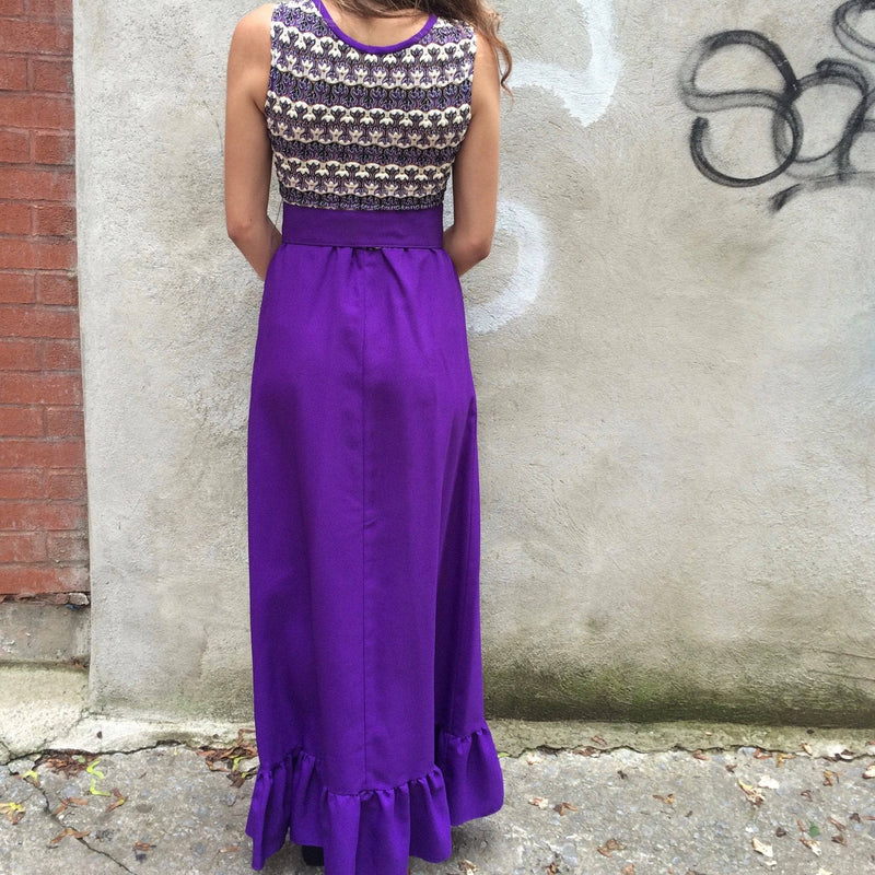 Back View of 1970s Sleeveless Purple Maxi Dress with Crocheted Top Size Small, sold by bohemevintage.com Montréal